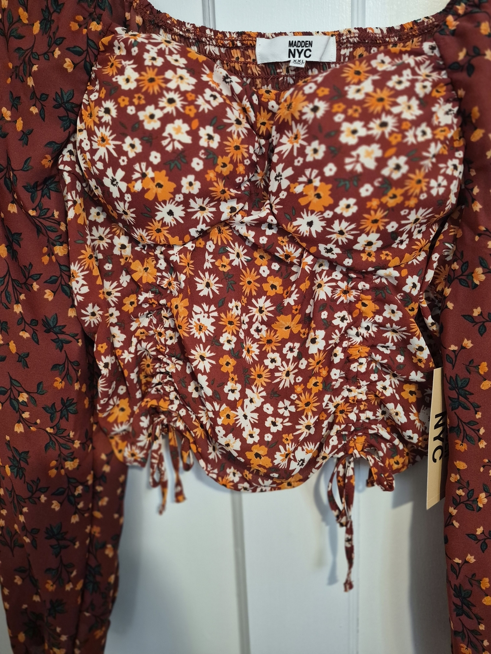 NYC Rust Floral Ruched Square-Neck Long Sleeve Crop Top